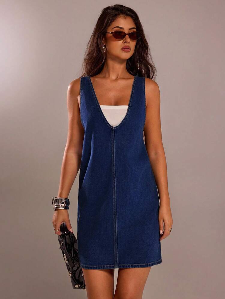 SHEIN Forever 21 Váy denim ống đứng cổ điển tối giản cho mùa xuân - Rửa tối - Xem 1