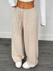 SHEIN PETITE 2pcs Women Solid Color Drawstring Waist Loose Casual Wide Leg Pants