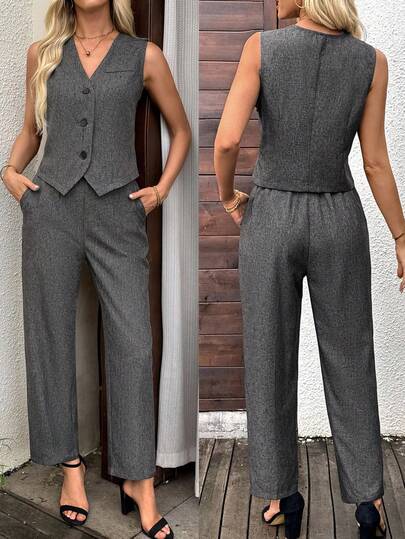 SHEIN LUNE Women's Solid Color Single-Breasted Vest And Pants Casual Suit Set Vest And Pants Set Women Suit Pantsuit For Women Vest Suit Business Casual Pantsuit Women Two Pieces Outfits For Daily Wear Printed Pants Boho Pants Lounge Sets For Women Tracksuit Set Women Fall Women Clothes Fall Fall Clothes For Women Fall Tops Women's Fall Clothes Autumn Clothes Going Out Tops Women Summer Tops Going Out Tops Basic Tops Fall Tops Going Out Top Work Blouses For Women Cute Summer Tops Flowy Tops