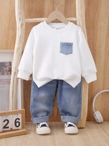 SHEIN 2pcs/Set Baby Boy/Girl Casual White Sweatshirt And Blue Denim Long Pants Tracksuit, Unisex Baby Clothes For Autumn/Winter Baby Boy Jeans Outfit Baby Boy Clothes Long Sleeve Baby Boy Casual Set Fall - Multicolor - View 10