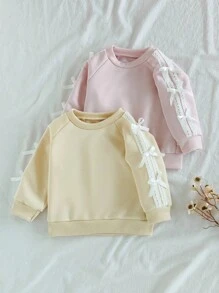SHEIN 2pcs/Set Baby Girls Lace Bow Sweatshirt, Long Sleeve Lace Casual Comfortable Soft Pullover Tops For Autumn - Multicolor - View 1