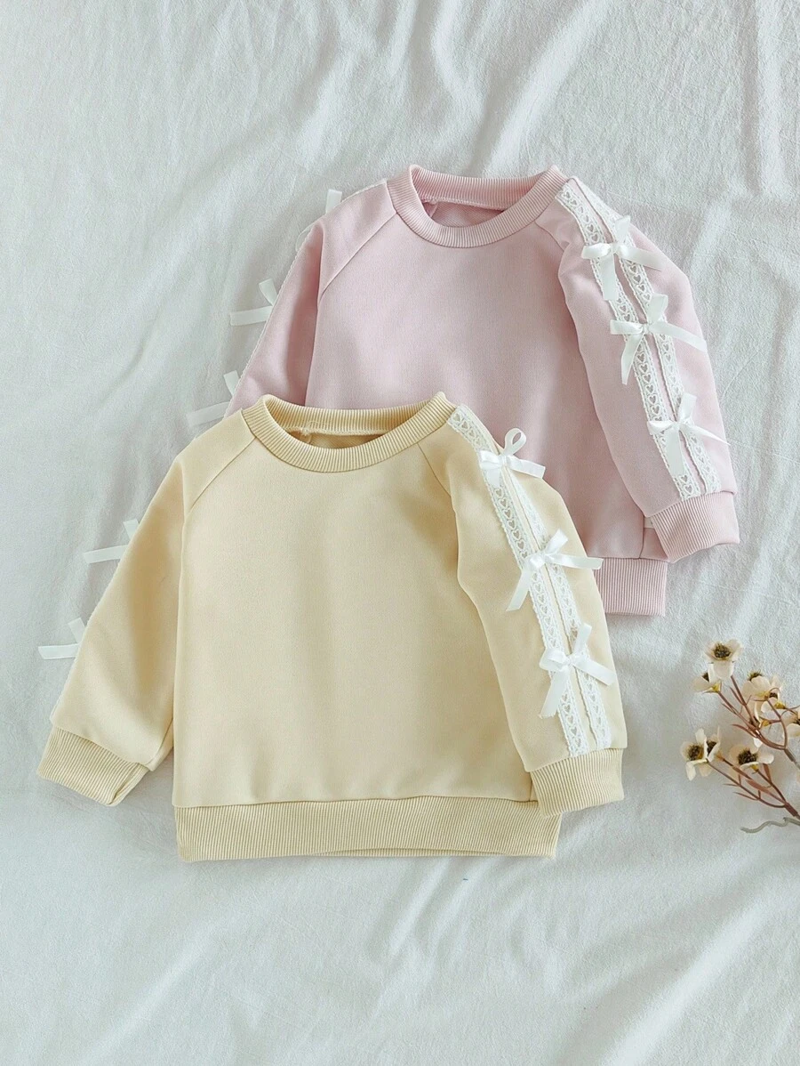 SHEIN 2pcs/Set Baby Girls Lace Bow Sweatshirt, Long Sleeve Lace Casual Comfortable Soft Pullover Tops For Autumn - Multicolor - View 1
