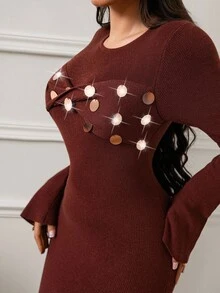 Lineaform Figurbetonte elegante Strickkleid, geeignet als Hochzeitsgast-Outfit, Partykleid, Vintage Pailletten Dekor - Braun - Übersicht 6