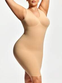 SHAPORA 大码女式V领无袖紧身连衣裙 - 杏色 - 查看 5