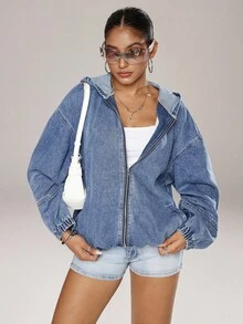 Jeanoix 女士宽松连帽拉链牛仔夹克，蓝色 - 中等水洗藍 - 查看 1