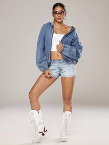 Jeanoix 女士宽松连帽拉链牛仔夹克，蓝色 - 中等水洗藍 - 查看 3