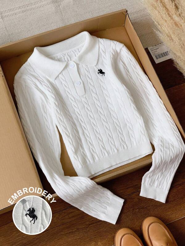 Comfortcana Women's Embroidered Decor White Long Sleeve Sweater,Fall Women Clothes,Back To School,Business Casual Woman,Teacher Outfits For Women,Going Out Tops Women