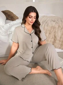 SHEIN Plus Size Casual Loose Flounced Short Sleeve Top And Pants Set, Soft Draping Lightweight Khaki Knit Fabric, Summer