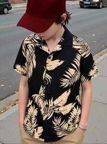 SHEIN Leap Crew 青少年男孩海滩椰子树印花夏威夷衬衫，舒适时尚休闲百搭柔软面料，适合日常穿着、上学、旅行、户外运动、度假、春夏季 - 彩色 - 查看 2