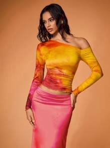 Shutterstock Glamance Women's Ombre Pattern Asymmetric Ruched Sheer Fitted Top Sunset Top One Shoulder Top Tie Dye Top Ombre Top Winter - Multicolor - View 4