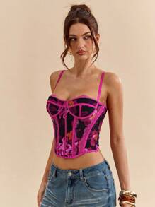 SHEIN BAE Top corset elegante con estampado floral de encaje para mujer, verano - Morado - Ver 4