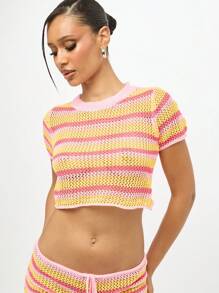 SUMWON WOMEN 女士钩针针织短款上衣和热裤套装夏季节日海滩两件套服装短袖条纹高腰休闲套装 - 彩色 - 查看 6