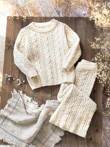 SHEIN 2 piezas Conjunto de suéter casual de cuello redondo de unicolor y pantalones de corte holgado para niña joven