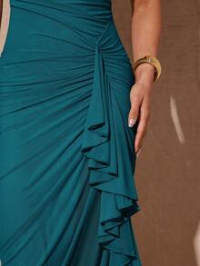 Silquee 优雅的鼠尾草绿色浪漫荷叶边袖高开衩长裙，女士蕾丝紧身派对礼服，适合情人节、约会、婚礼、舞会 - 水鴨藍 - 查看 6