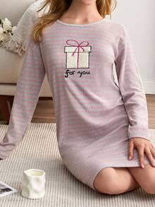 EURMUSE 女士棉质撞色条纹罗纹针织礼物刺绣长袖家居睡衣裙 - 彩色 - 查看 1