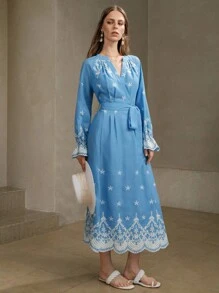 Arave Women's Floral Contrast Embroidery V-Neck Tie Waist Design Elegant Dating Autumn Long Dress Dresses For Women Elegant Fall Dresses For Women Wedding Guest Dress Women Teacher Outfits For Women Fall Clothes For Women - Blue - View 7