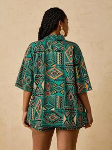Travachic Plus Size Casual Loose Colorful Print Geometric Pattern Kimono Shirt + Loose Shorts Women 2 Pieces Set,Fall Clothes For Women - Green - View 2