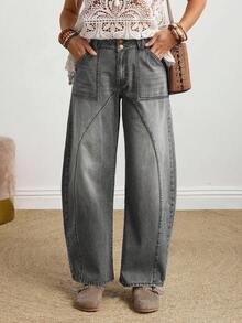 SHEIN PETITE Denim Casuais Folgados e Afunilados Femininos com Bolsos, Versátil