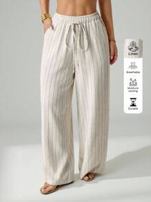 SHEIN PETITE Casual Extra Long Plain Wide Leg Pants For Women With Drawstring Waist And Apricot Finish Striped Linen Pants,Fall Clothes For Women Women Summer Pants Women Wide Leg Linen Pants