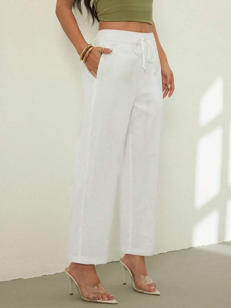 SHEIN PETITE Pantalones entallados con bolsillos para mujer 100% algodón, cómodos y transpirables - Blanco - Añade 7