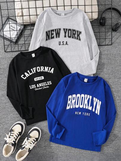 SHEIN 3pcs/Set Tween Boys' Casual Letter Graphic T-Shirts, Black, White, Green, Suitable For Commuting, School, Daily Casual Wear, Sports, Autumn/Winter Fall