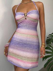 Aloruh New Vintage Striped Contrast Color Knit Dress, Basic Backless Bohemian Accessory Decor Mini Bodycon Dress, Petite Size Enhancing