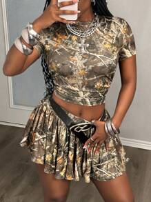 Slaydiva New Spring/Summer Casual Basic Sporty Minimalist Round Neck Short Sleeve Pleated T-Shirt + A-Line Short Front Long Back Midi Skirt 2 Pieces Set, Tree Branch Camouflage Print, Knit Fabric, For Women - Multicolor - View 4