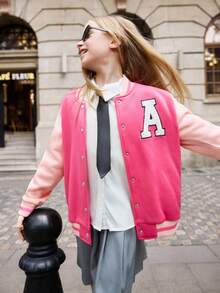 SHEIN Explorewe Veste de baseball à imprimé graphique et blocs de couleurs pour fille, à la mode et polyvalente, idéale pour l'école, le quotidien, les trajets domicile-travail, l'automne et l'hiver.