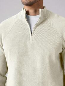 Manfinity Homme Casual Fashion Versatile Solid Color Loose Fit Long Sleeve Men Sweater Quarter Zip Sweater Men Mock Neck , Fall Winter - Apricot - View 4