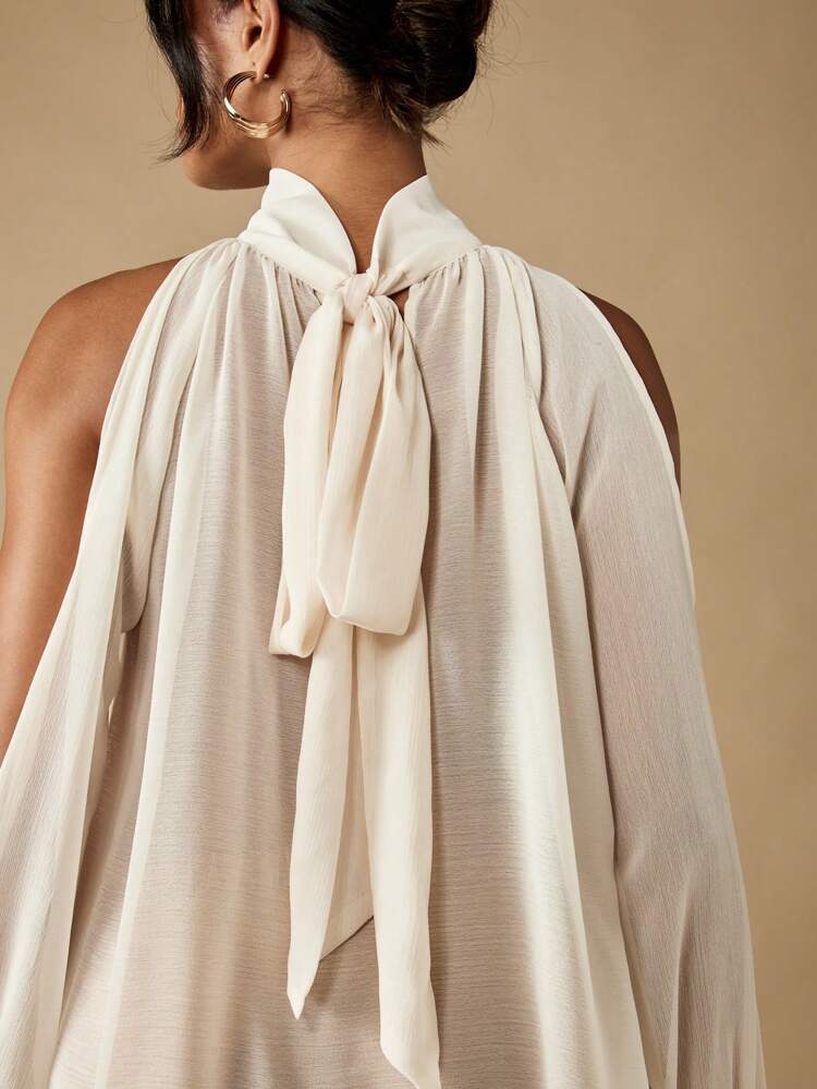MISSGUIDED Elegant Halter Neck Top Long Bishop Sleeve Tie Back Draped High Low Chiffon Blouse Evening Party Wedding Guest Summer Spring Fall
