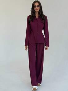 Aloruh Women's Solid Color Long Sleeve Single-Breasted Jacket And Pants Casual Suit Set In Fall/Winter - Burgundy - View 6