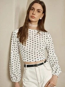 INAWLY 女式新款法式波点露背蝴蝶结长袖衬衫，秋季 - 白色 - 查看 1