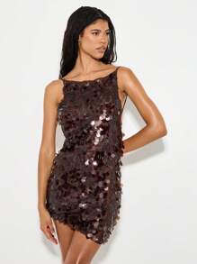 KIZN Đầm ngắn dự tiệc tối đính sequin, hở lưng, lệch vai, thiết kế xếp nếp, thích hợp cho câu lạc bộ đêm, đám cưới, lễ hội mùa đông, mùa thu, năm mới. - màu nâu - Xem 2