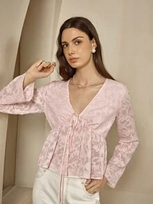 INAWLY 女式法式时尚高端V领系带透视长袖衬衫 - 粉色 - 查看 5