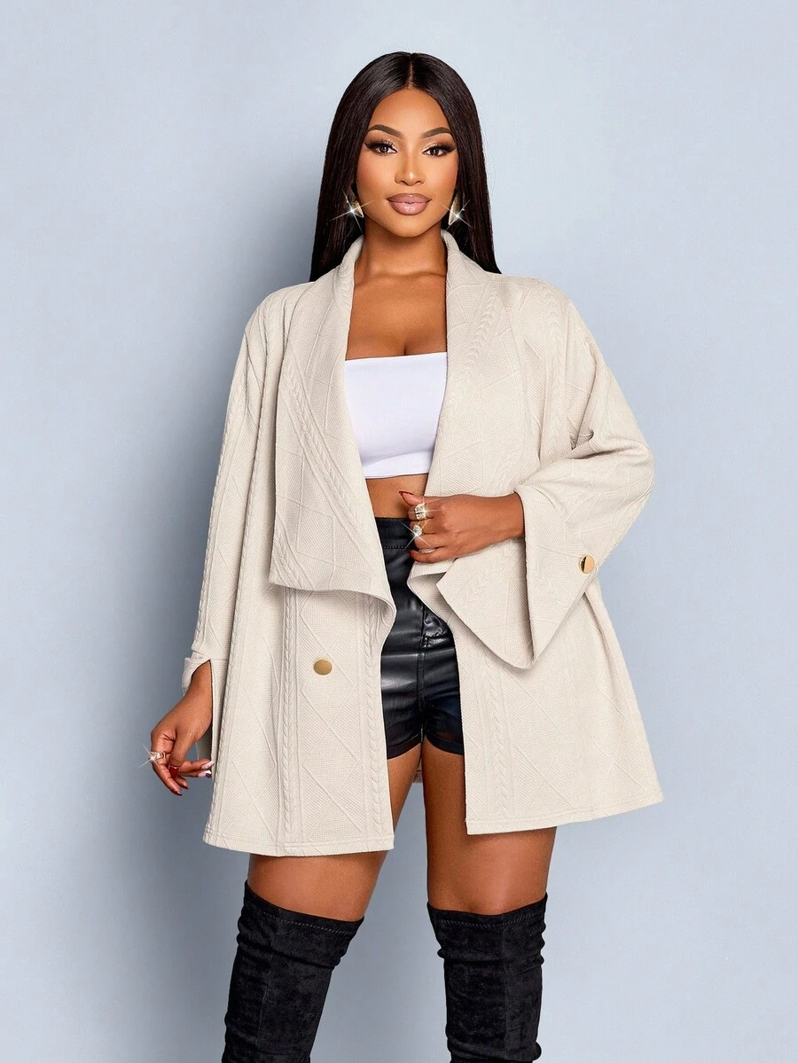 SOLERSUN 加大码女装秋冬时尚夹克长袖开领，浅卡其色提花面料，袖口开衩，金属纽扣 - 卡其色 - 查看 1