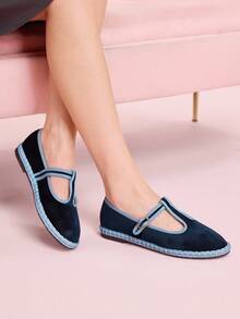 CUCCOO DOLLMOD Giày bệt Mary Jane nhung cổ điển thanh lịch màu xanh navy thoải mái quai chữ T dành cho nữ - Màu xanh hải quân - Xem 9