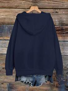 EMERY ROSE Plus Size Women's Letter Printed Drawstring Sweatshirt Pullover Fall Winter Autumn - Navy Blue - View 2