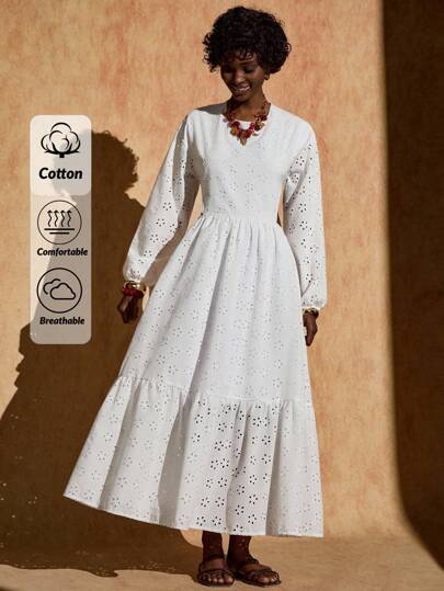 Bóhologie Women Solid Color Eyelet Embroidery Detailed Long Dresses Eyelet Dress Women White Eyelet Dress