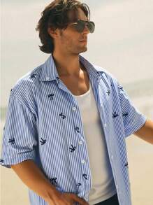 Manfinity VCAY Áo sơ mi nam tay ngắn dáng rộng, in họa tiết sọc, thắt nơ, thường ngày - Xanh và trắng - Xem 1