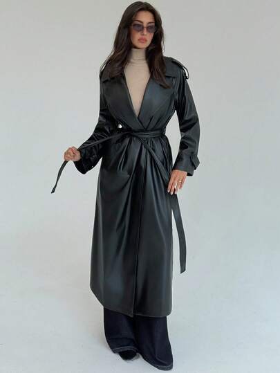 Aloruh New Vintage American Style Lace-Up PU Leather Trench Coat, Slim Fit Extra Long Double-Breasted Leather Jacket, Trench Coat For Autumn