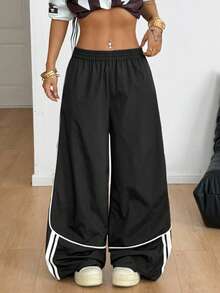 Coolane Women's Fall Streetwear Y2K Club Punk Striped Budding Black Wide Leg Pants - Black - View 4