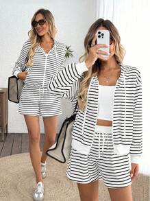 SHEIN LUNE 2 piezas/Set Mujer Casual con Capucha Cremallera Manga Larga Sudadera y Conjunto de Pantalones Cortos a Rayas Dos Piezas Conjunto de Salón Dos Piezas Conjunto de Pantalones Cortos a Rayas Dos Piezas Conjunto Casual Dos Piezas Mujer Conjunto de Sudadera con Capucha y Pantalones Cortos Regreso a la Escuela Ropa de Otoño para Mujer Atuendos de Maestro para Mujer Ropa de Regreso a la Escuela Ropa de Otoño Conjuntos de Salón para Mujer Atuendo de Aeropuerto para Mujer Estilo de Dinero Viejo Ropa de Otoño para Mujer Atuendo de Invierno para Mujer