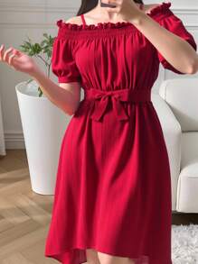 Tween Girl Off-Shoulder Ruffled Chiffon Dress, Elegant, Casual Outdoor, Spring/Summer,Holiday,Summer,Travel - Burgundy - View 3