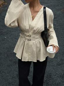 Siren Gaze 收腰双排扣双腰带长袖衬衫，柔软亲肤，杏色，上班度假皆宜