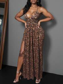 Plus Size Women Vacation Leopard Print Side Split Sexy Halter Dress - Multicolor - View 1