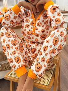 SHEIN 女士万圣节南瓜印花 T 恤和裤子睡衣套装，橙色舒适睡衣套装，秋季服装 - 杏色 - 查看 4