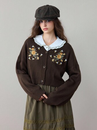Cardigan da donna con ricamo floreale ispirato alla natura, autunnale