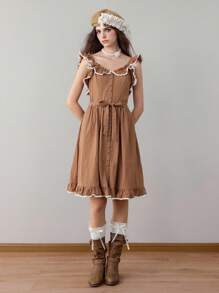 ROMWE Fairycore Váy midi họa tiết bèo nhún màu bí ngô, chất liệu vải lanh phong cách mộc mạc, phù hợp cho lễ Halloween, mùa thu - màu nâu - Xem 5