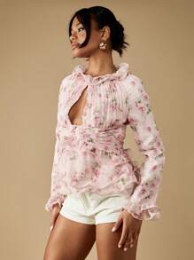 MISSGUIDED Blommig volangkrageblus med nyckelhålsdetalj i viktoriansk stil, långärmad, vår/sommar, trädgårdsfest, topp för tetillfället - Rosa - Visa 5