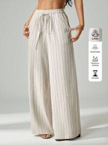 SHEIN PETITE Casual Extra Long Plain Wide Leg Pants For Women With Drawstring Waist And Apricot Finish Striped Linen Pants,Fall Clothes For Women Women Summer Pants Women Wide Leg Linen Pants